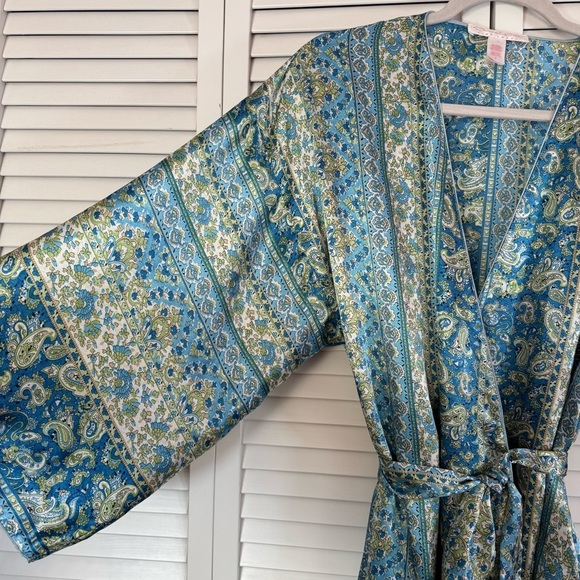 Oscar De La Renta Satin Kimono Robe Belted Paisley Blue Mobwife Sleepwear Small - Picture 3 of 9